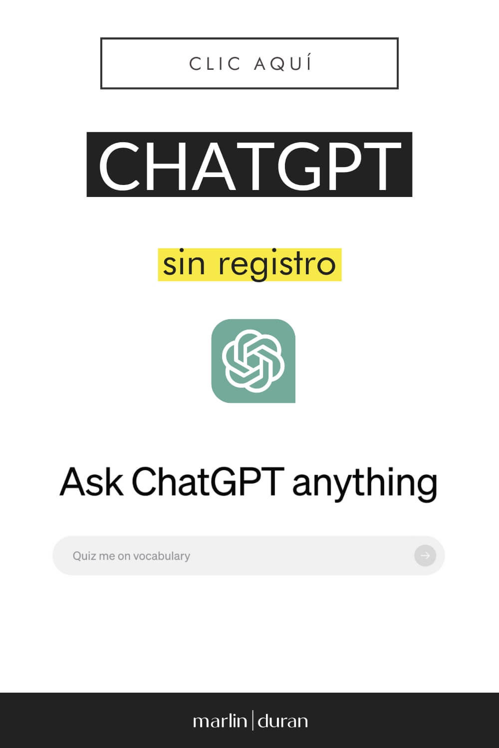 Banner vertical que dice ChatGPT sin registro, destacando una barra de búsqueda, con un botón que invita a hacer clic