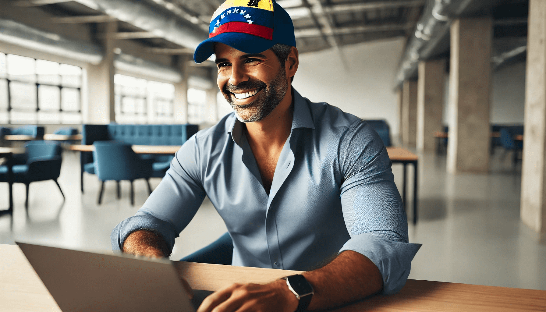 Hombre venezolano sonriente usando ChatGPT en un ambiente de oficina moderno, destacando cómo utilizar inteligencia artificial en Venezuela