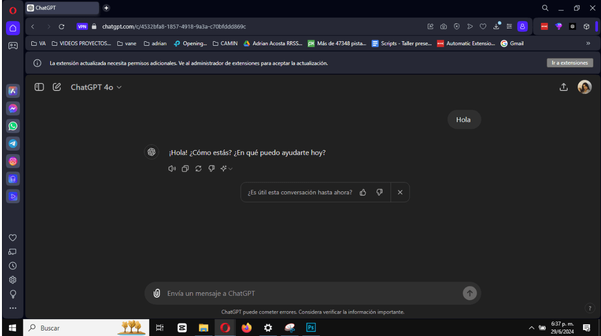 Interfaz de usuario de ChatGPT 4.0 con una conversación iniciada, mostrando cómo se puede utilizar ChatGPT para Venezuela mediante una VPN en el navegador Opera