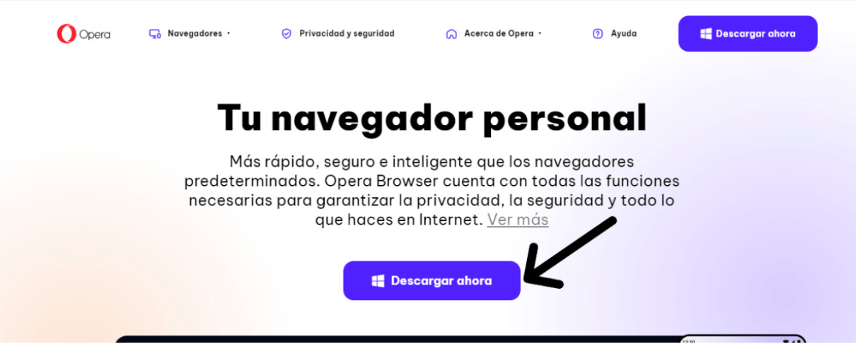 Pantalla de descarga del navegador Opera, destacando sus funciones de velocidad, seguridad e inteligencia, con un botón destacado para 'Descargar ahora'. Ideal para usuarios en Venezuela que buscan usar ChatGPT con privacidad y seguridad mejoradas