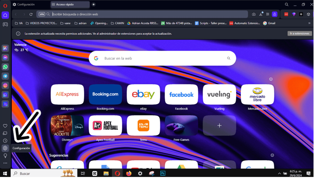 Captura de pantalla del navegador Opera mostrando su página de inicio y cómo instalar la vpn