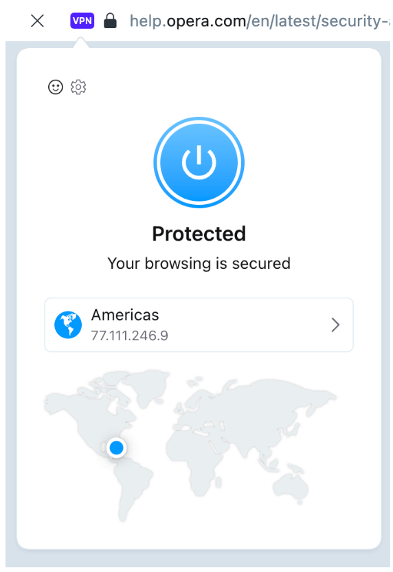 Interfaz del navegador Opera mostrando la VPN activada con la ubicación establecida en América para acceder de forma segura a ChatGPT en Venezuela