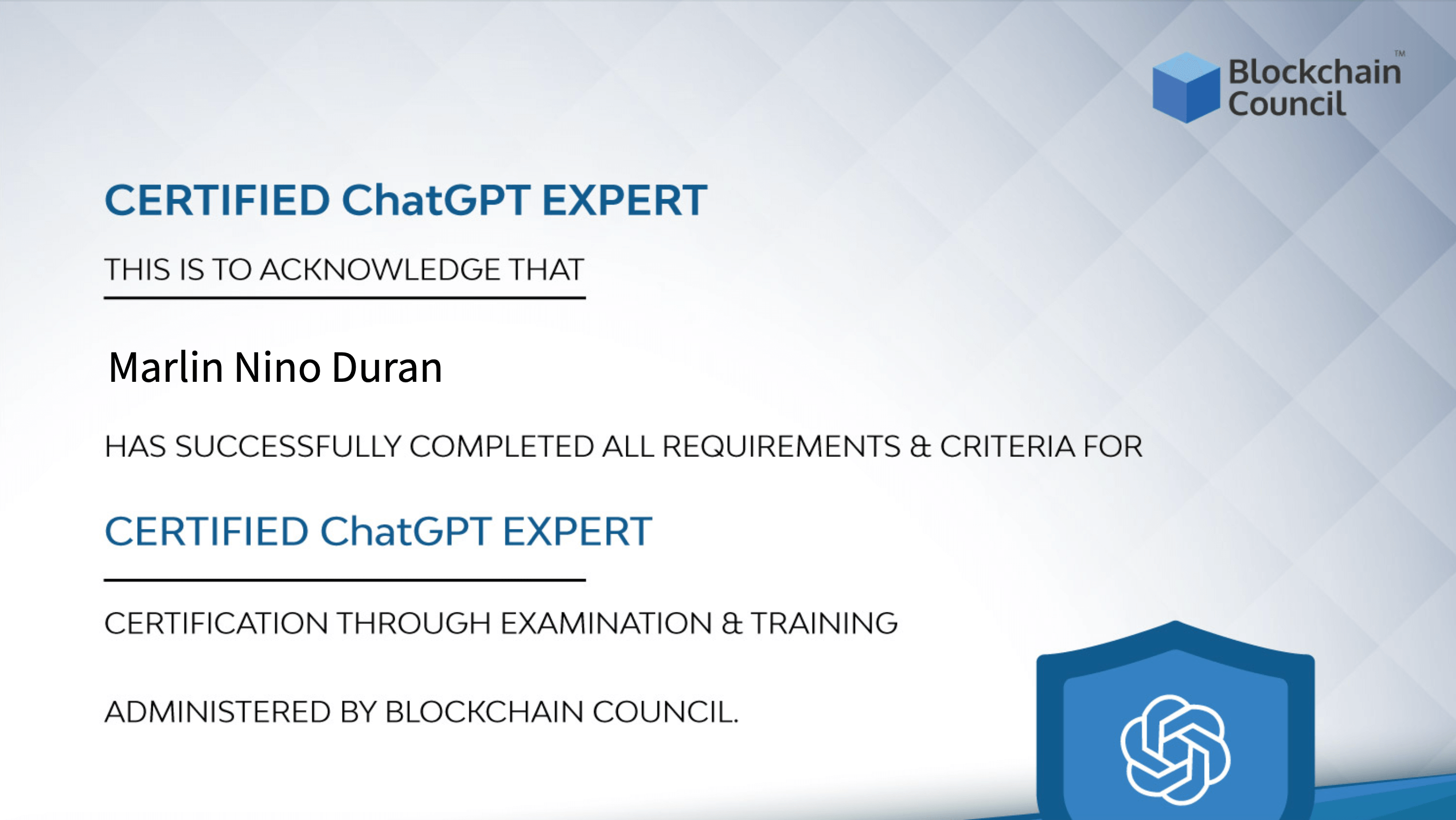 Certificado de ChatGPT Expert de Marlin Duran por el Blockchain Council