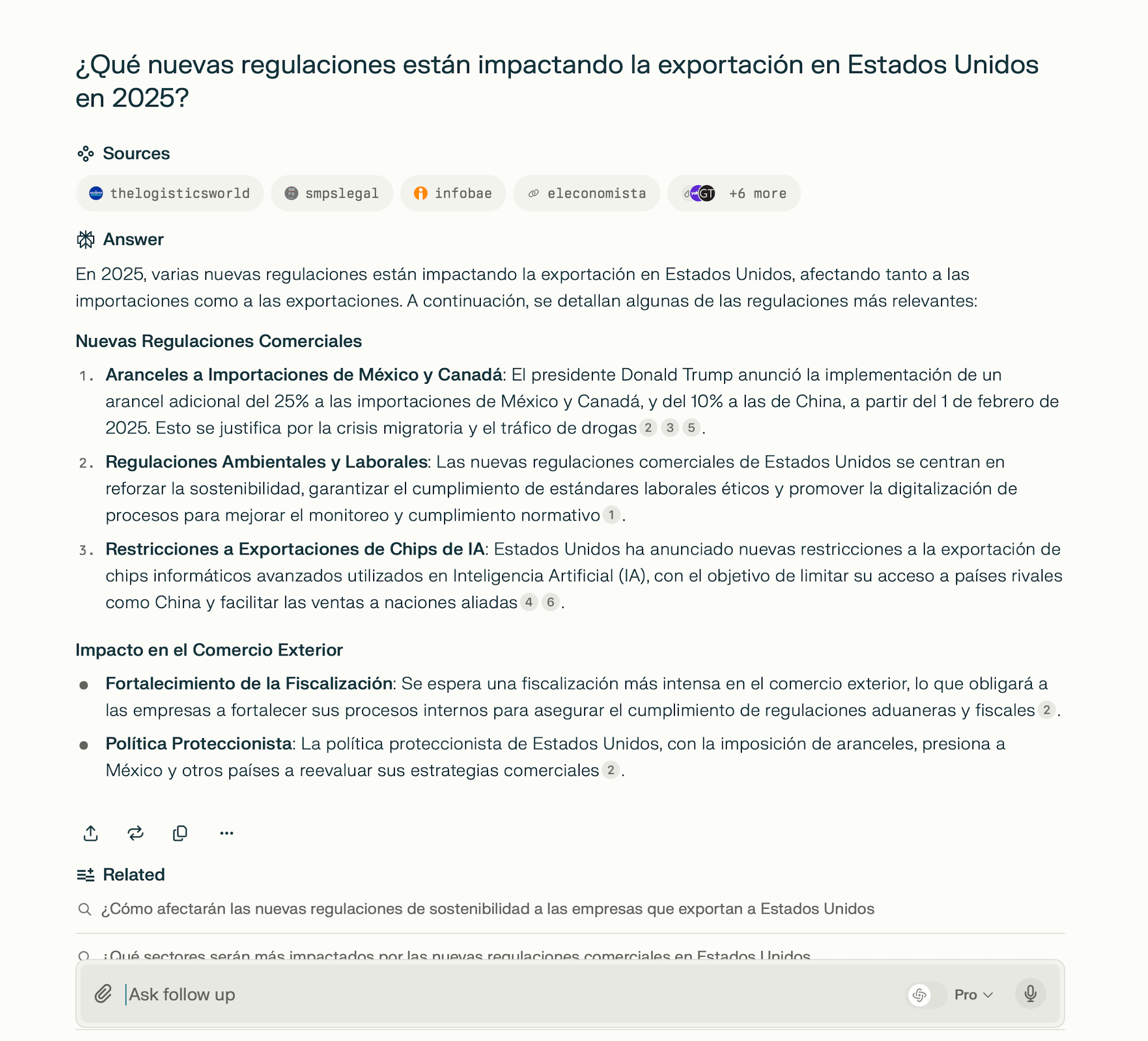 Imagen de una búsqueda ejemplo realizada en la herramienta de IA Perplexity. La imagen muestra la siguiente búsqueda: ¿Qué nuevas regulaciones están impactando la exportación en Estados Unidos
en 2025?"