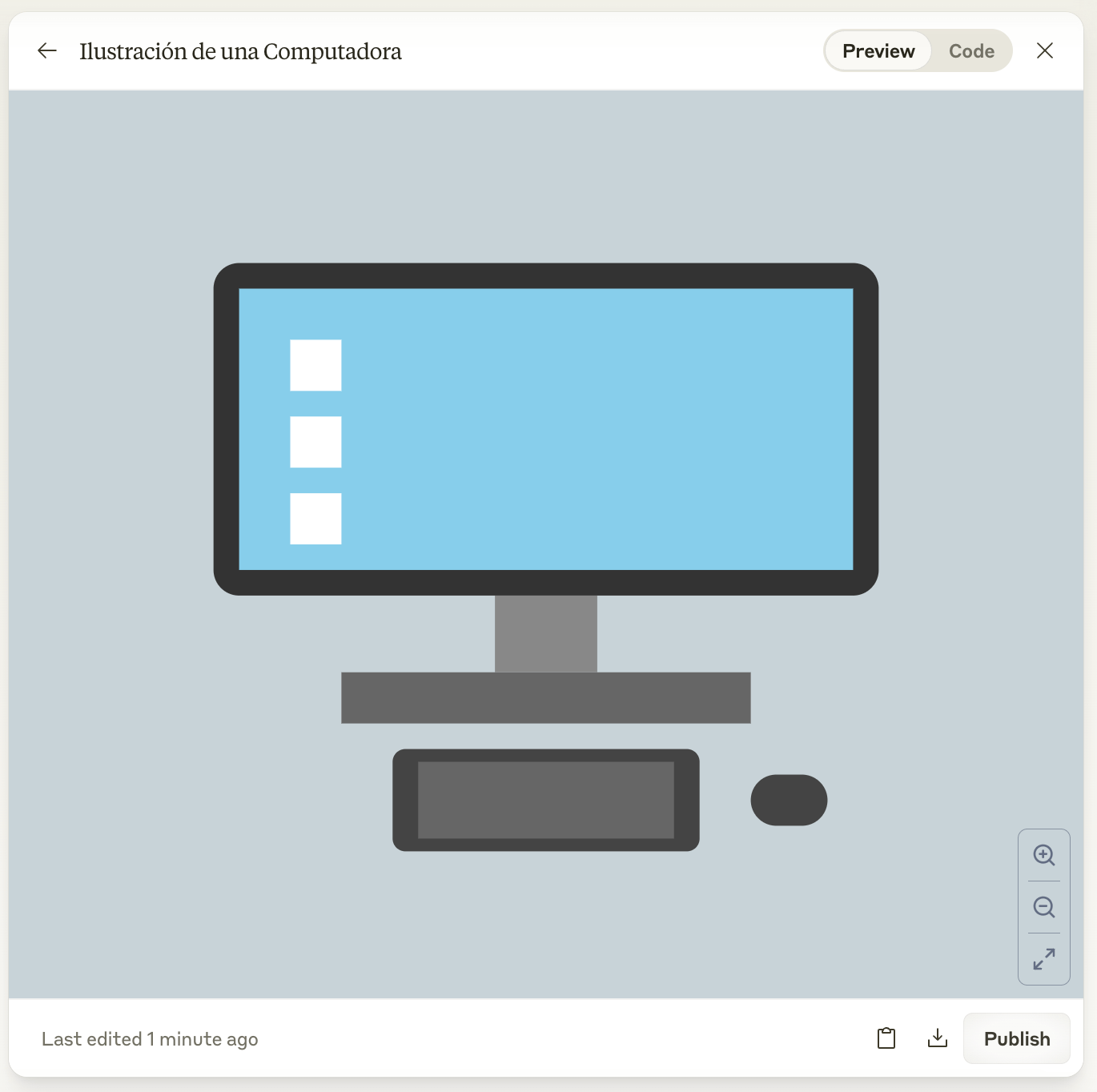 Ilustración minimalista creada por la herramienta de inteligencia artificial Claude ai de un monitor de computadora con iconos en la pantalla, representando una interfaz de usuario simple