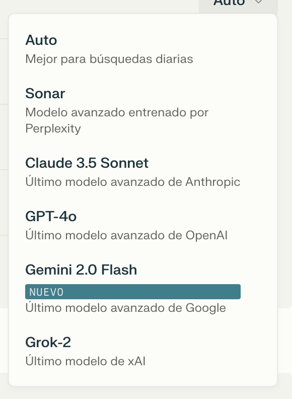 Lista de opciones de modelos de inteligencia artificial en una interfaz de usuario, mostrando Auto, Sonar de Perplexity, Claude 3.5 Sonnet de Anthropic, GPT-4 de OpenAI, Gemini 2.0 Flash de Google, y Grok-2 de xAI, destacando las capacidades de cada uno para diferentes tareas