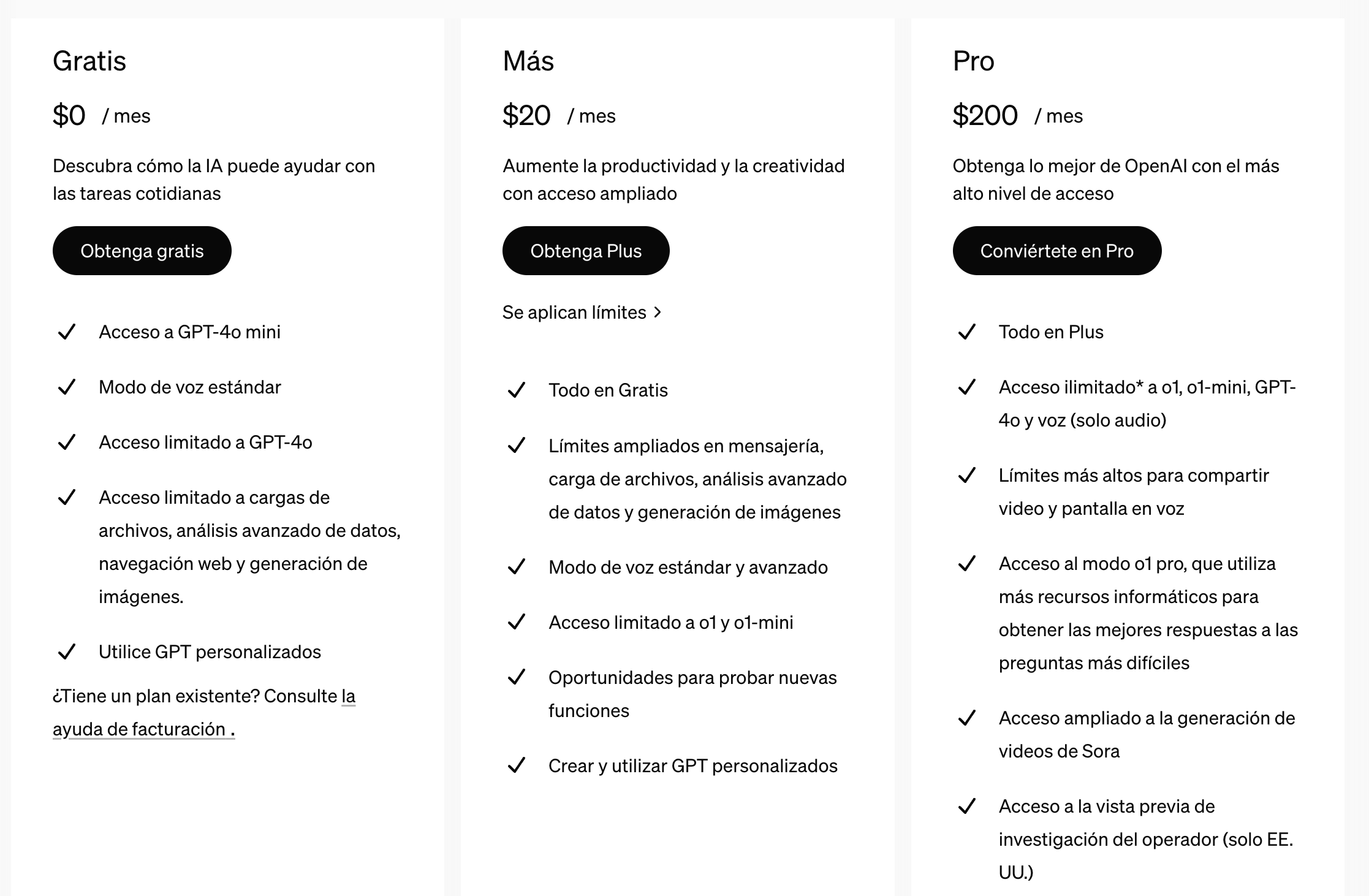 Tabla comparativa de planes de suscripción para el servicio de ChatGPT, mostrando tres niveles: Gratis, Plus y Pro. Cada plan detalla los beneficios ofrecidos como acceso a versiones mini y avanzadas del modelo de IA, diferentes modos de voz, y capacidades para cargar archivos, análisis de datos y generación de imágenes, dirigido a usuarios que buscan desde uso básico hasta profesional